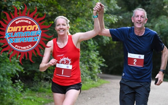 A man and a woman running at Dinton Pastures Country Park. A logo of Dinton Summer Series on the top left 