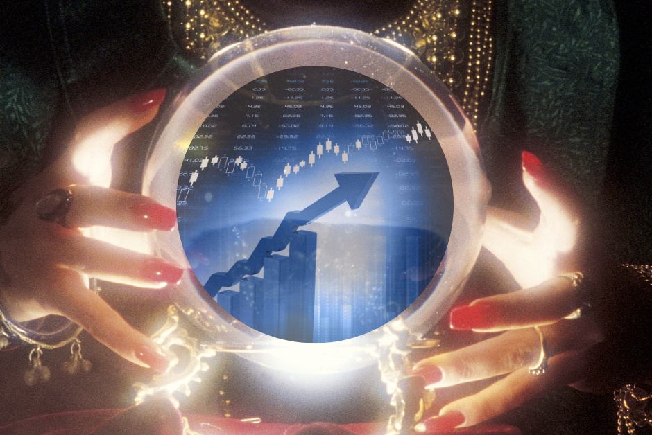a fortune teller's hands over a crystal ball, with charts and graphs appearing inside it