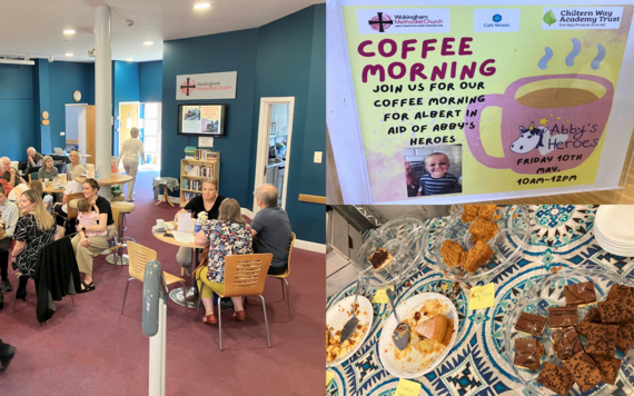 A collage of three photos, showing people sitting at tables chatting, a sign saying "coffee morning" and a selection of cakes for sale
