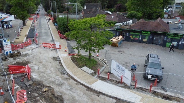 Aerial view of the updated road by Londis and Bob's fish and chips
