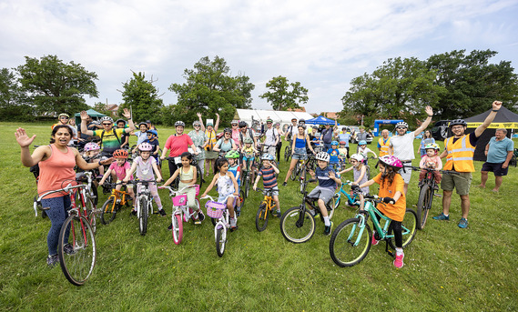 Children cycling on the Kidical Mass at Wokingham Bikeathon 2023