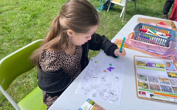 A girl doing colouring, with our colouring pens on her side
