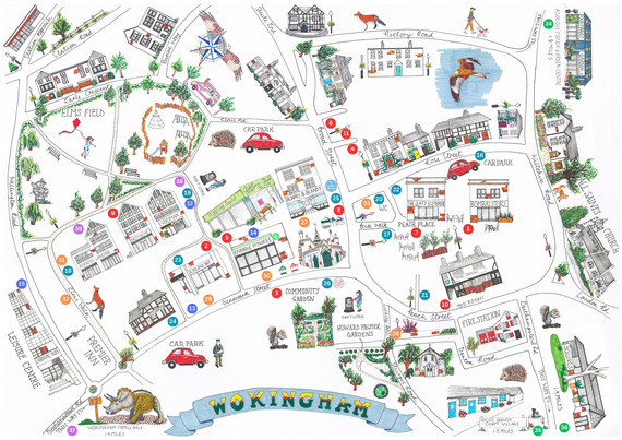 A hand-drawn and coloured map of Wokingham town centre showing the location of various businesses