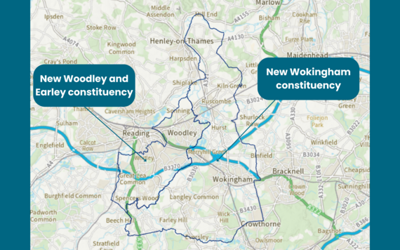 Map showing the two MP areas covering Wokingham Borough - Earley and Woodley, and Wokingham