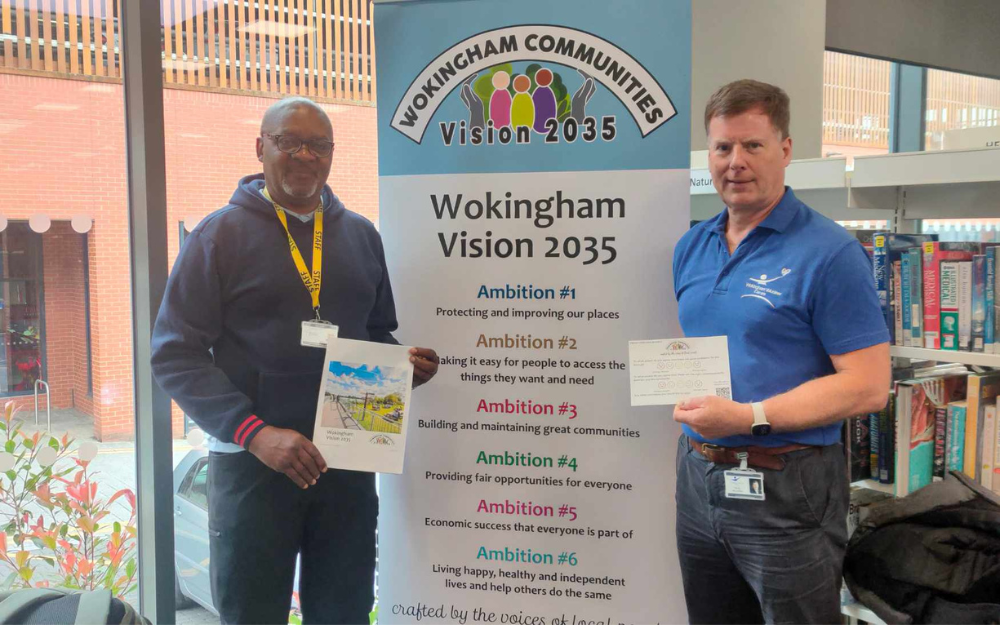 Volunteers with Wokingham Borough Vision banner and feedback postcards