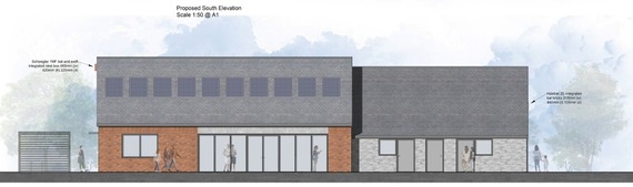 An architect's drawing of the proposed sports pavilion, a single storey building
