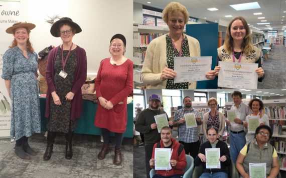 Montage of photos featuring retiring, smiling librarian Heather Dyson doing work in the community