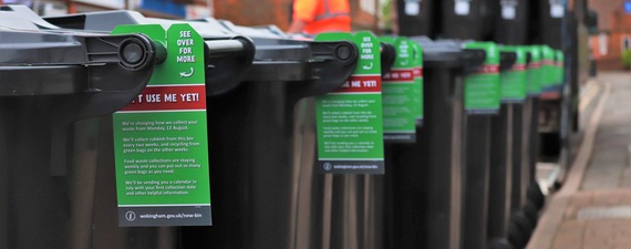 a line of wheeled black rubbish bins in the street with tags attached explaining how and when to use them