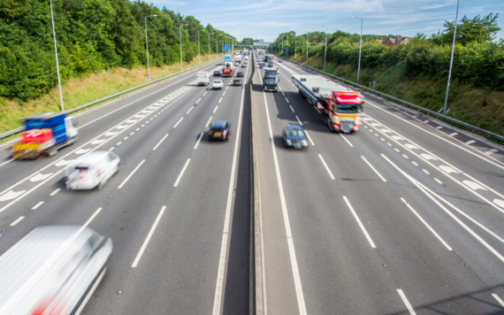 Aerial view of a UK motorway with traffic