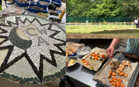 A collage of three photos, showing a mosaic made of tiles, a hand built fence and some vegetable and meat kebabs