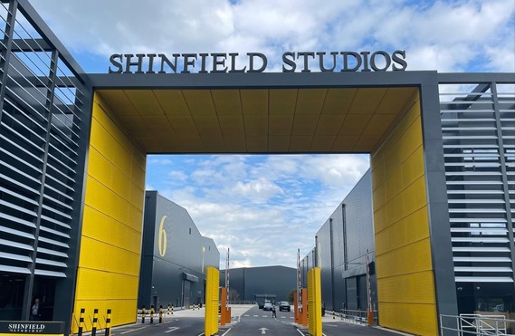 The entrance archway to Shinfield Studios, with the studio's name in big metal block letters over the entrance