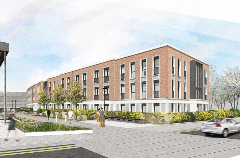 artist's impression of a clean, modern looking apartment complex in Wokingham town centre