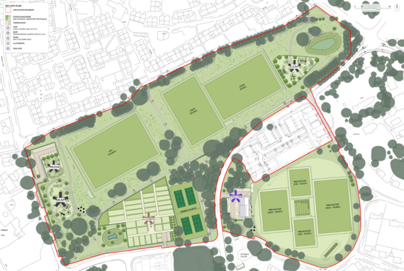 a top-down diagram showing the layout of numerous sports pitches along with a pavilion