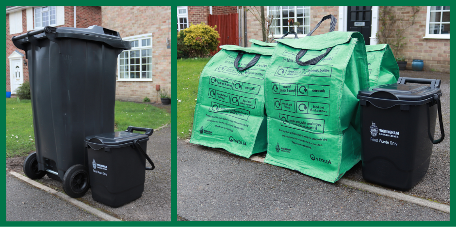 Photo showing rubbish, recycling and food waste put out for collection in the correct way