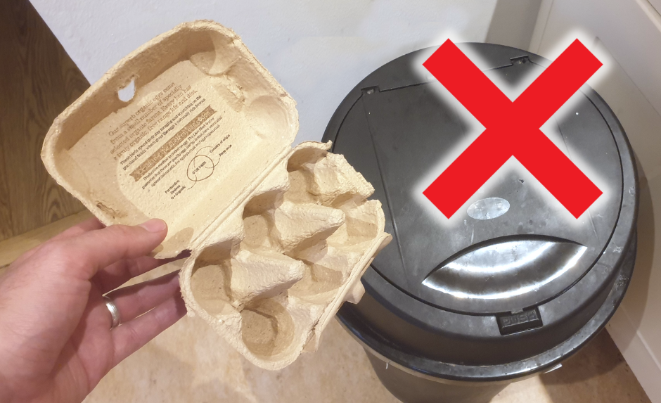 Photo a hand about to put a cardboard egg box in the rubbish bin, with a big red X next to it