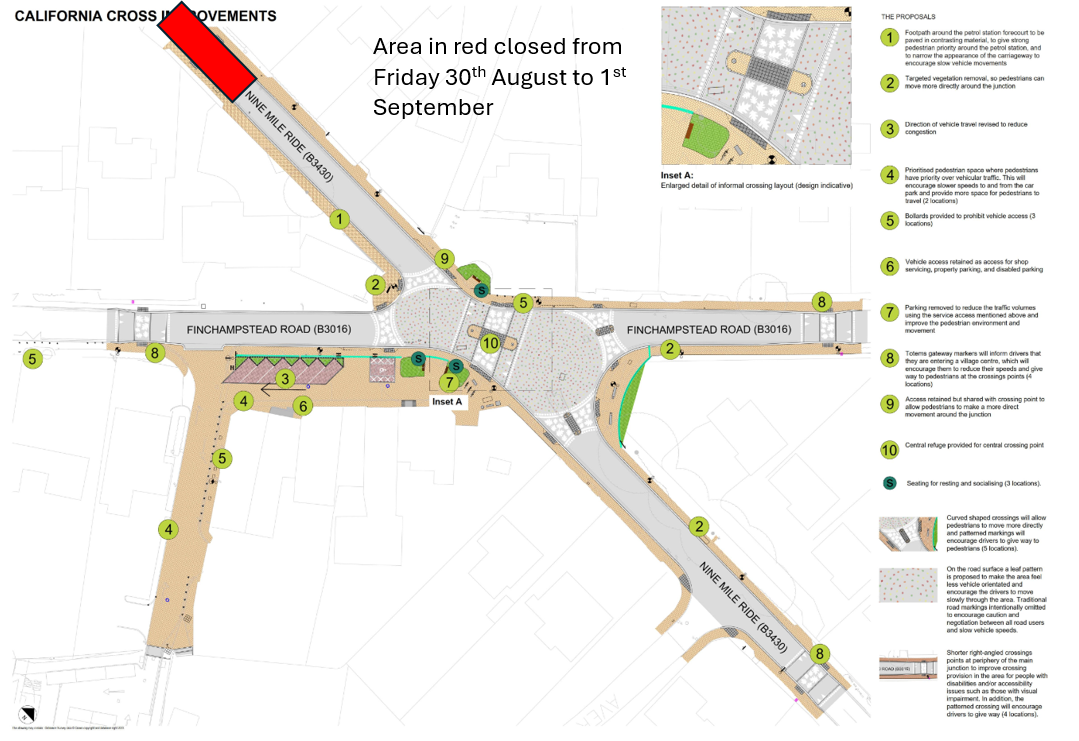 Diagram of california crossroad junction with closure area shown in red