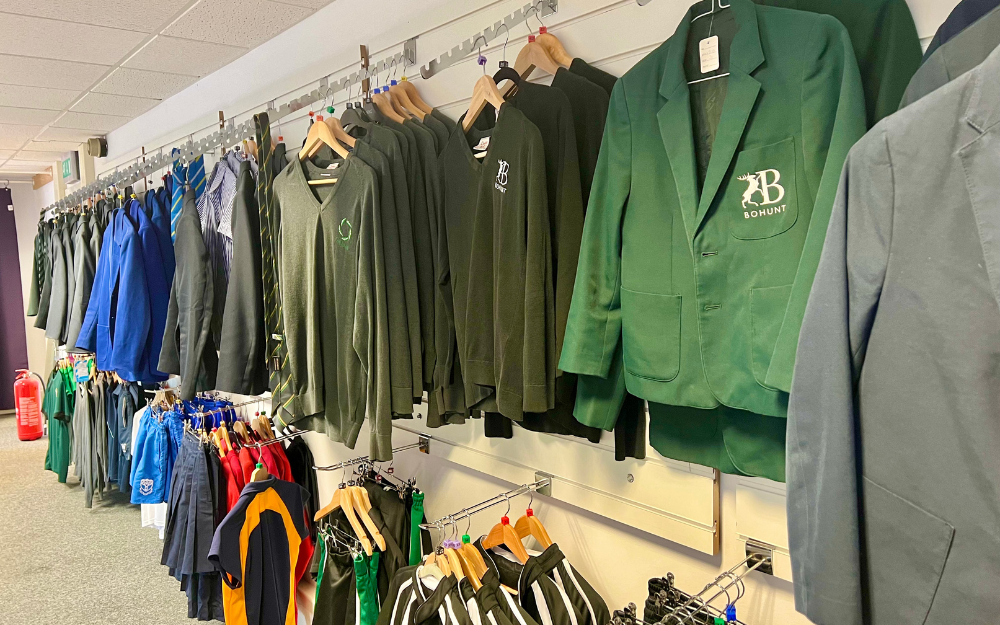 Rows and rails of school uniform at the First Days pre-loved uniform shop