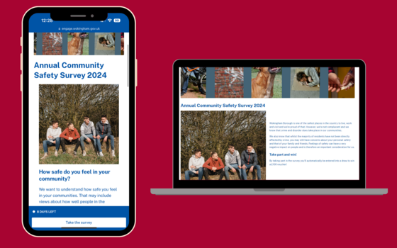 A laptop and a mobile phone showing the community safety survey on engage