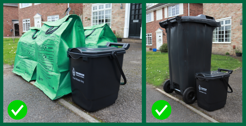 graphic showing rubbish bins, recycling bags and food waste bins lined up correctly for collection at the edge of a driveway