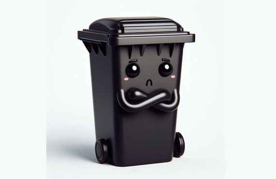 Graphic of a cute black cartoon wheelie bin with its arms crossed in protest