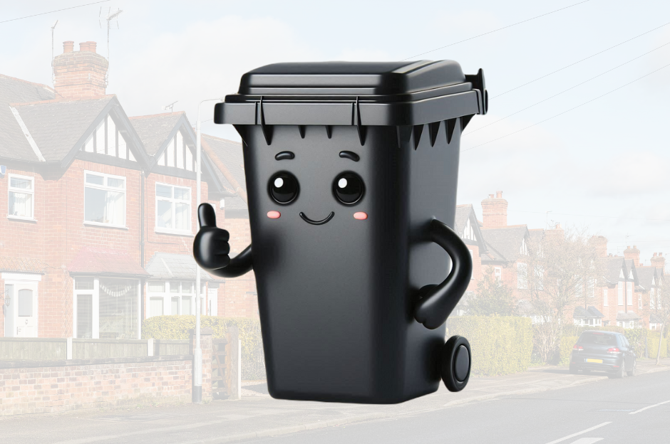 Cartoon wheelie bin giving a thumbs up