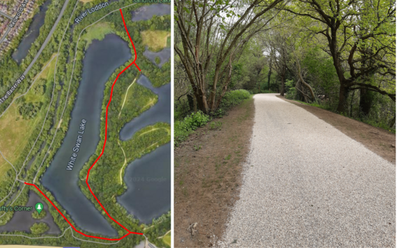 On the left, a map showing the White Swan Lake footpath; on the right, a photo of the footpath