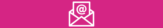 White graphic of an open envelope with an @ symbol on a pink background