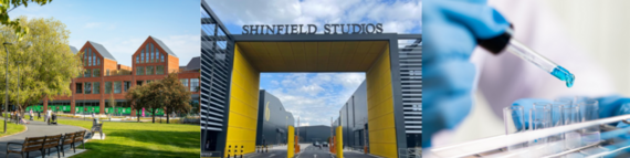 Image collage of town centres, movie studios and scientific research