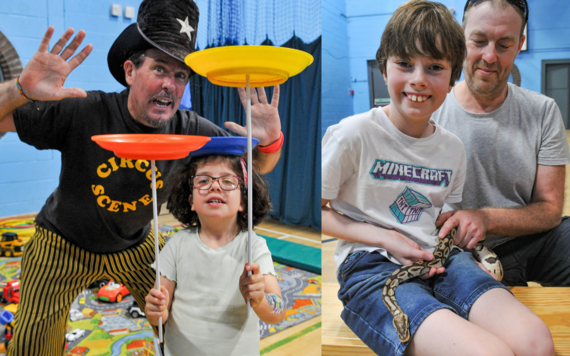 Two photos: the first showing a girl spinning some plates and the second showing a boy holding a small snake