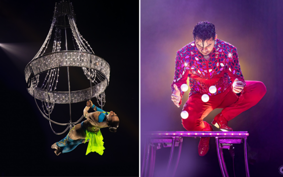 On the left an acrobat hanging from a chandelier; on the right a performer playing magic with some balls floating in the air