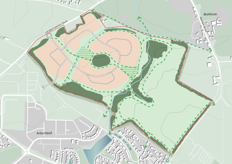 Diagram of a new development showing areas of new housing surrounded by woodland, parks and pathways