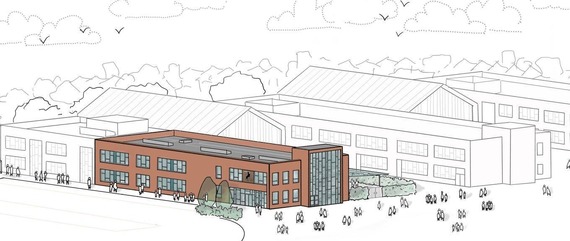 artist's impression showing a clean, modern, glass fronted extension to an existing school building of similar height