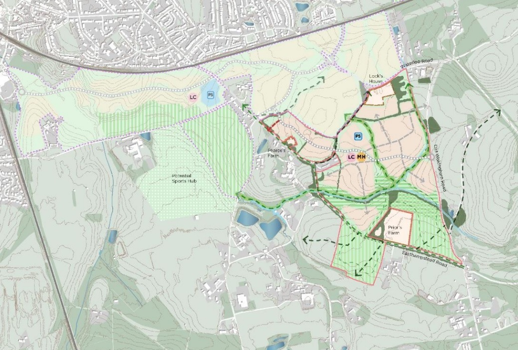 diagram showing additional housing being planned off Waterloo Road, to the south of Wokingham town centre