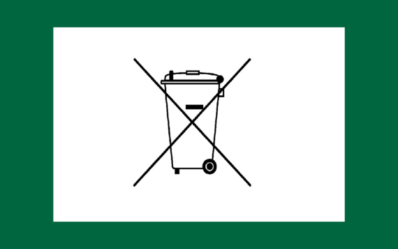 A symbol of a crossed out wheeled bin 