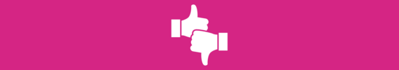 White graphic of a thumbs up and thumbs down on a pink background