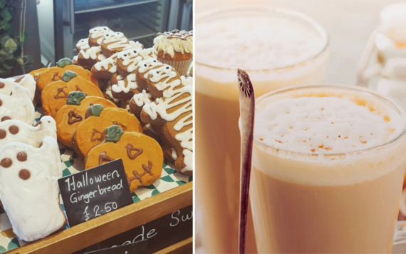 On the left, halloween themed gingerbread and cookies and on the right, a pumpkin spiced latte 