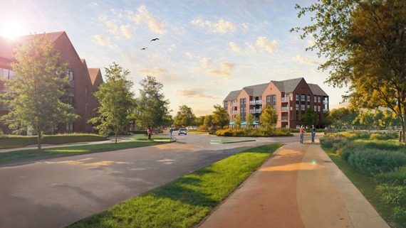 Artist's impression of a new block of flats with shop units on the ground floor