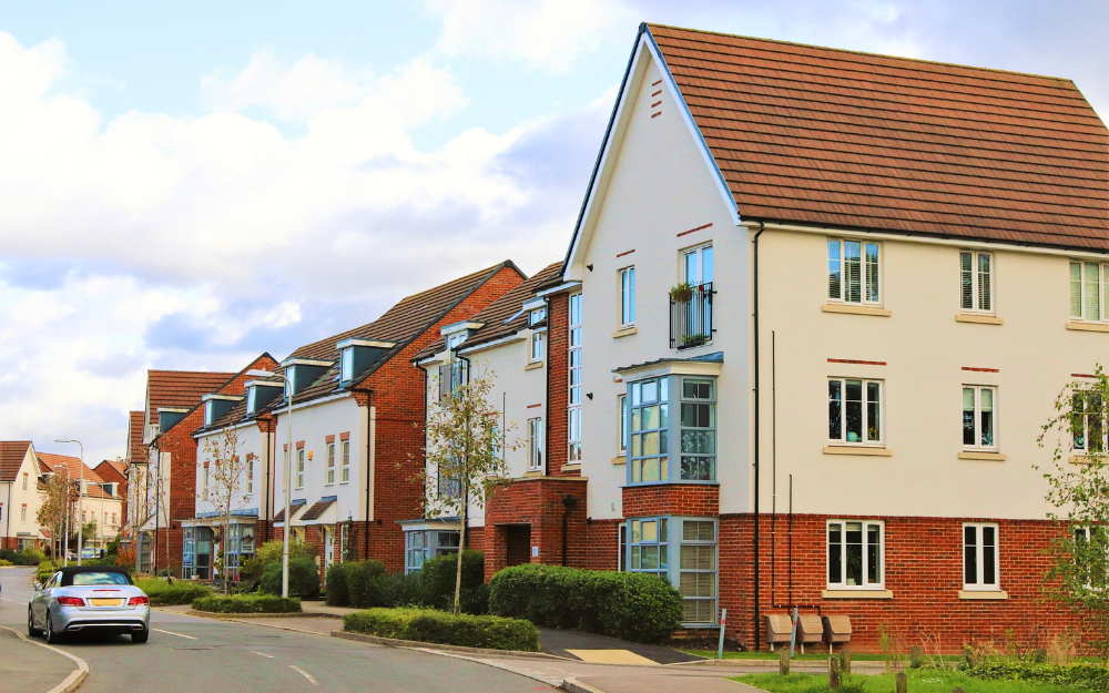 Houses along a newly developed road with housing in Wokingham Borough