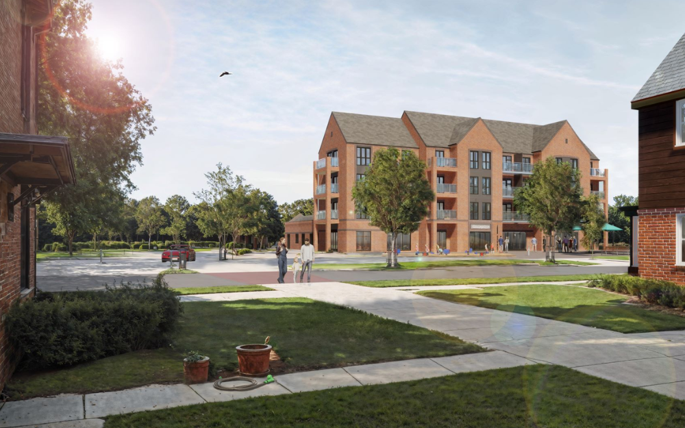 Artist impressions of new housing, shops, community buildings and parking in Arborfield