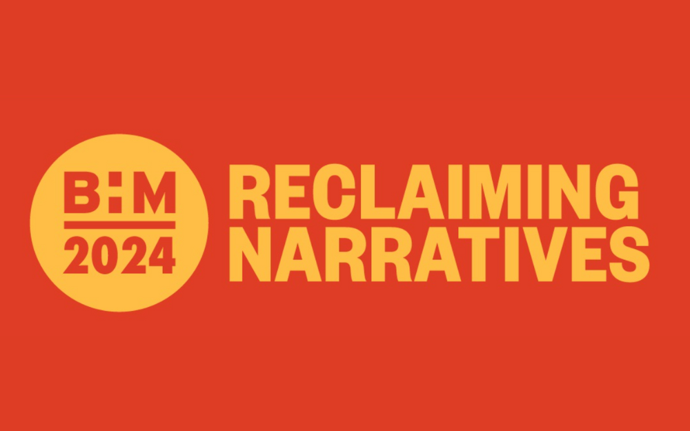 Black History month logo, text reads 'Reclaiming narratives'