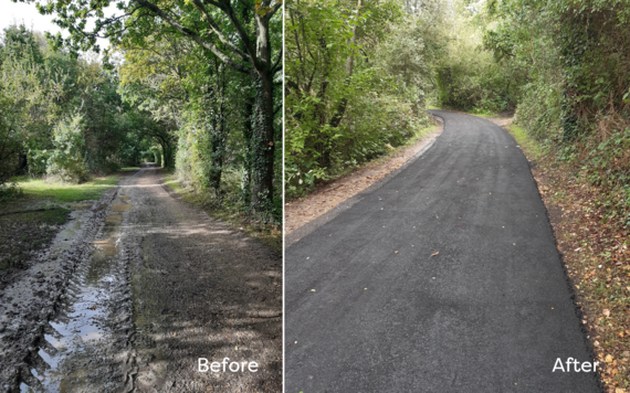 On the left, a photo of a footpath at Dinton before the improvement project; and on the right, a photo of it after being levelled and tarmacked