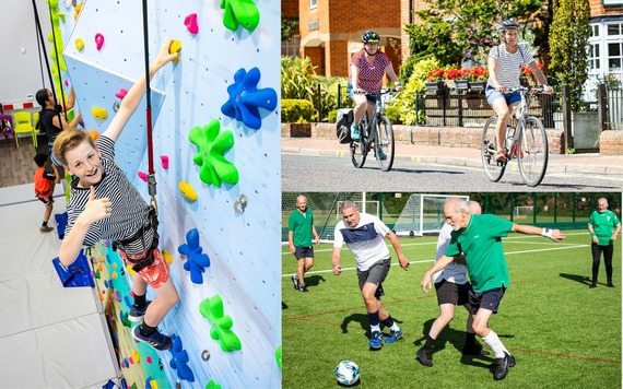 Three pictures together: 1. a boy on a climbing wall; 2. two women on bicycles; 3. a group of older people playing football