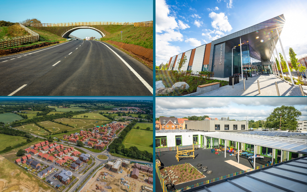 A collage of new infrastructure including new roads, housing, schools and leisure centres