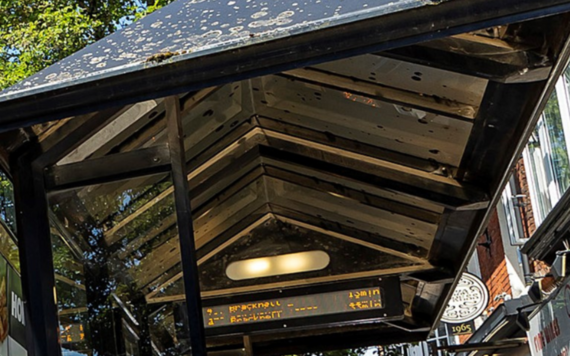 The top of a bus stop covered in bird poo 