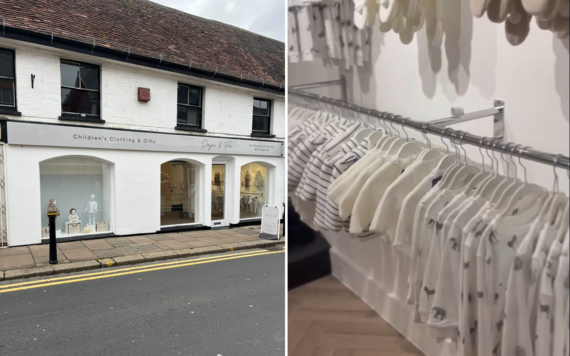 On the left, the facade of Pops & Flo; on the right, display of baby clothes inside the shop