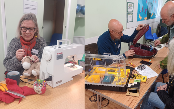 On the left, a volunteer fixing a plush toy; on the right, another volunteer fixing an electrical item