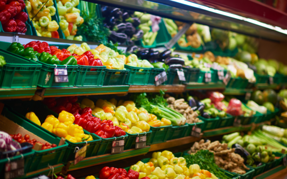 Loose fruits and vegetable on the shelf
