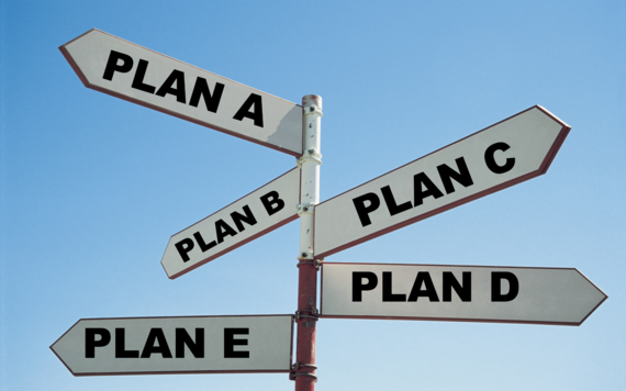 A signpost with many arrows for different plans A to E