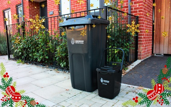 Black rubbish bin and black food waste caddy with festive decorations