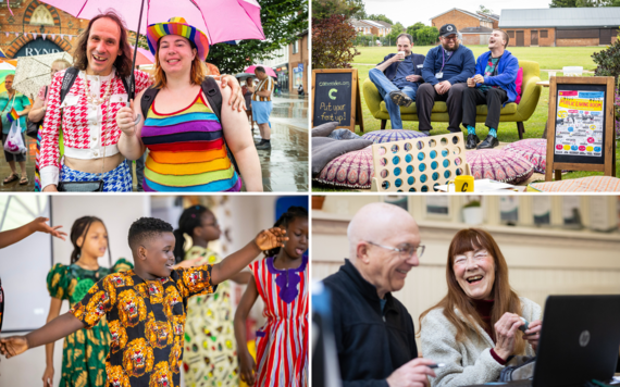 Collage of four photos showing people